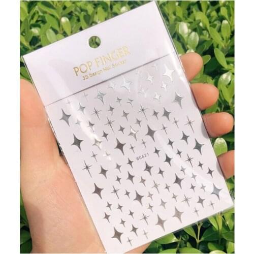 Laser gold and silver black and white glittering stars nail stickers 3D design adhesive nail decoration accessories stickers