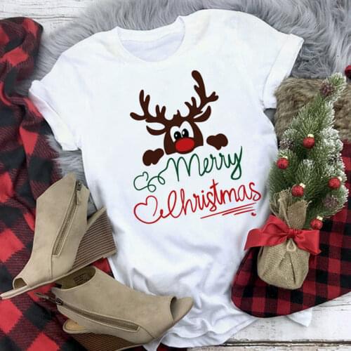 Cute Reindeer Print Merry Christmas T Shirt Women Fashion Harajuku Short Sleeve T-shirt Female Kawaii Casual Cotton Tops Tee