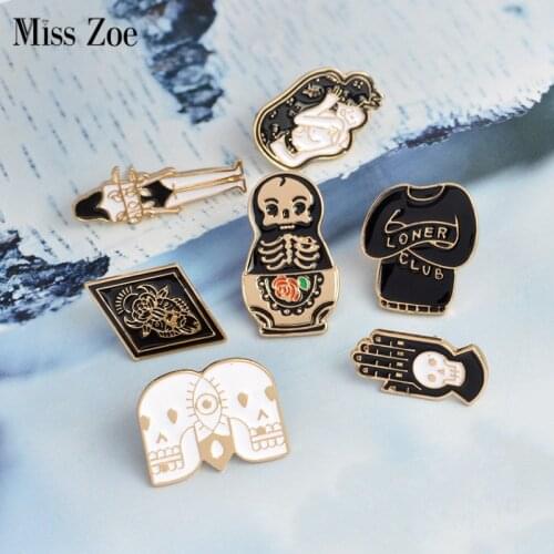 Miss Zoe Matryoshka Loner Club Skeleton Palm Totem Girl Brooch Denim Jacket Pin Buckle Shirt Badge Fashion Gift for Friend