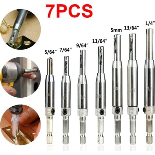 7Pcs Self Centering Hinge Drill Bit Set Hole Puncher 5/64" 7/64" 9/64" 11/64" 5mm 13/64" 1/4" HSS Woodworking Tool Hinge Tapper