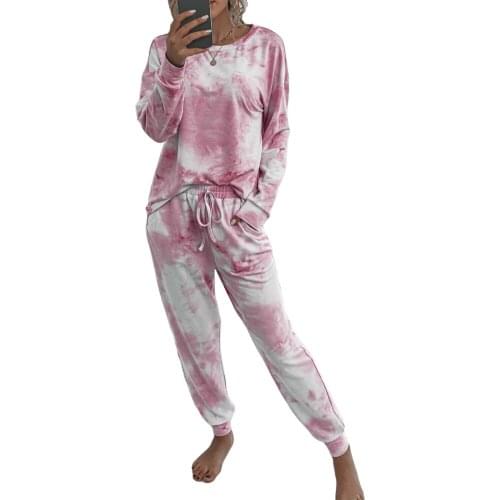 Autumn Womens 2 Piece Pajamas Set Long Sleeve Pullover and Elastic Waist Pants Tie Dye Print PJ Set Loungewear