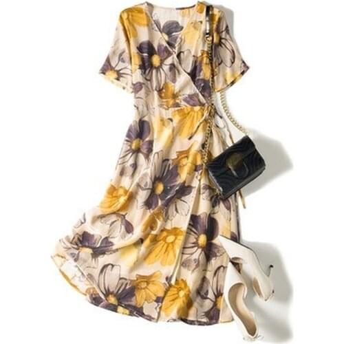 Sundresses for Women Summer 2021 100% Silk Floral Dress Female Short Sleeve Midi Dress Elegant Vestido De Mujer Pph4494