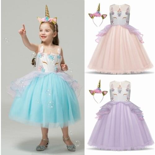 Sleeveless Unicorn Dress Girls Birthday Gift Party Dress Flower Appliques Kids Dresses for Girls Unicornio Elegant Prom Frocks