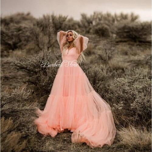 Princess Peach Pink Ruffles Tulle Dress To Photo Shoot Cute Illusion Puff Sleeves A-line Party Gowns 2021 Lace Up Back Summer