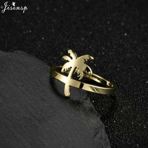 Jisensp Adjustable Stainless Steel Finger Rings Bohemian Style Coconut Tree Shape Ring Statement Jewelry for Women Party Gift