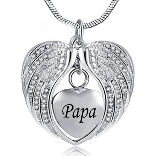 Crystal Charm Angel Wing Hold Heart Cremation Urn Necklace -Engraving Mom/Dad/Son Keepsake Memorial Jewelry for ashes