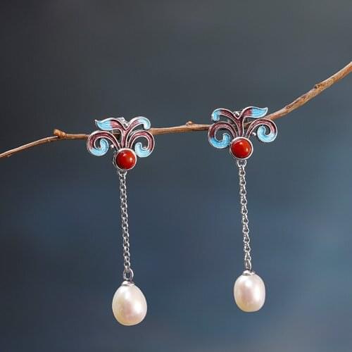 S925 Sterling Silver Burnt Blue Womens National Style Pearl Ear Pendant