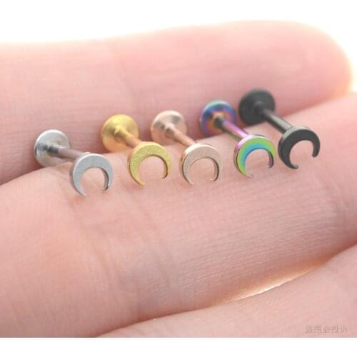 2Pcs 1.2x6/8mm Internal Thread Rod Moon Nose Piercing Tragus Conch Earrings Helix Piercing Labret Lip Ring Flat Ear Stud Jewelry