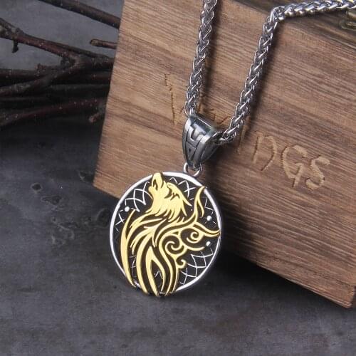 Nordic Viking Stainlesss Steel Yggdrasil Wolf Rune Necklace With wooden box as men gift