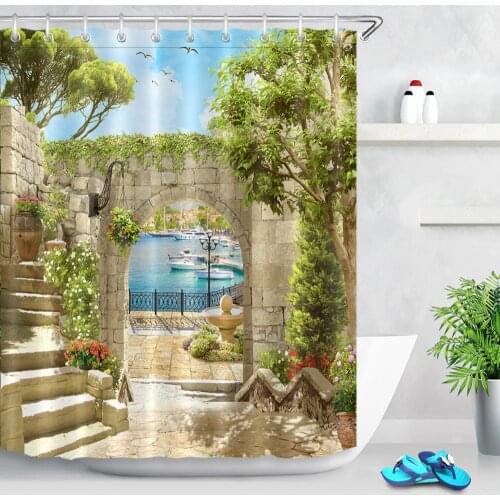 Bathroom Waterproof Fabric Shower Curtain Polyester 12 Hooks Bath Accessory Sets Ancient Arch With View On The Sea And Pier