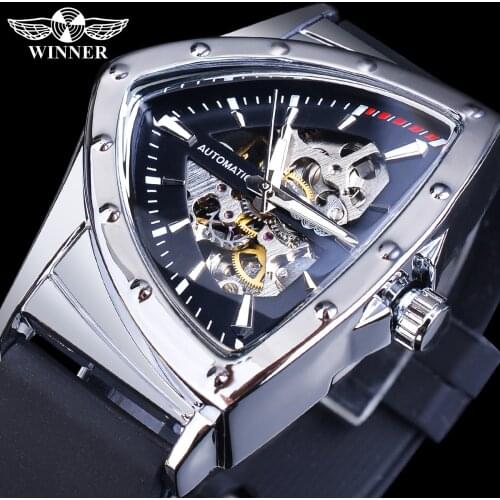 WINNER Sport Style Mens Watches Transparent Mechanical Watch Triangle Automatic Military Wristwatch With Luminous Pointers