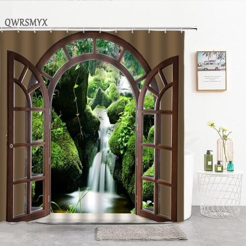 Retro Forest Waterfall Scenery Outside The Brown Window Shower Curtains Fabric Hooks Bath Curtain Home Decor Bathroom Products