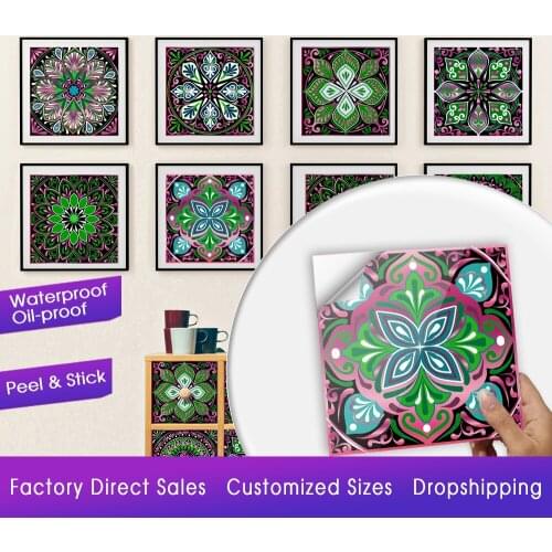 Green & Purple Mandala Crystal Hard Tile Wall Sticker Kitchen Bathroom Home Decor Art Mural Shine Surface Waterproof Wall Decals
