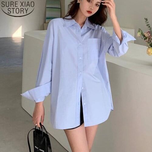 Women Long Sleeve White Blouse 2021 Autumn New Oversize Shirt Pocket Korean Fashion Cotton Shirt Office Lady Tops Blusas 16857
