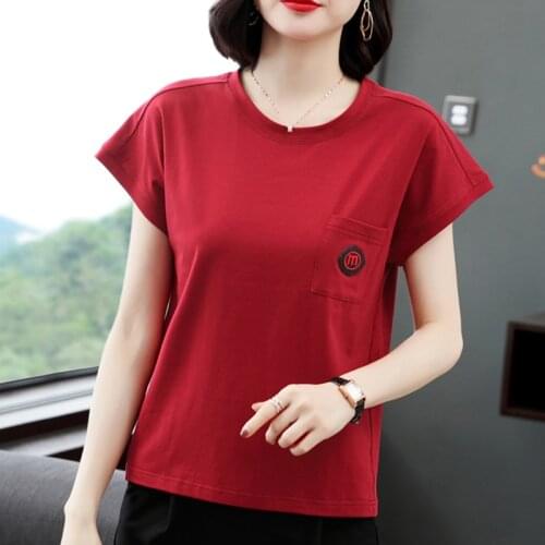 New Letter Pockets Appliques Tops Women 2020 Casual Tshirt Women T-Shirt Korean Womens Clothing Camisetas Mujer Tee Shirt Femme