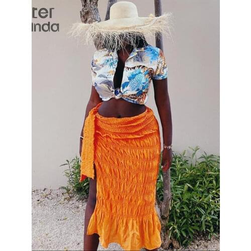 Sisterlinda Summer Pleated Bandage Mid Skirt Women Retro Oversized Asymmetry Side Split Clothing Party Vacation Clubwear Outfits