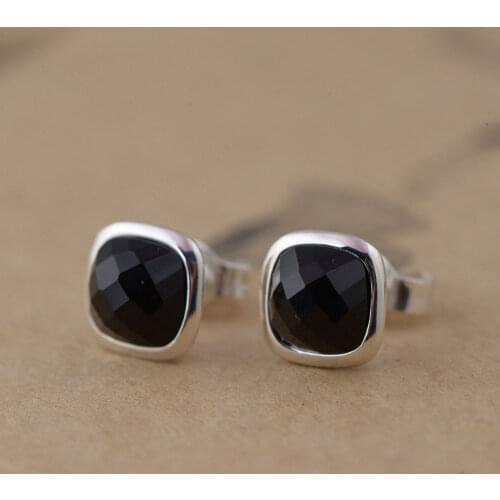 FNJ Square Black Agate Earrings 925 Silver Original Pure S925 Sterling Silver Stud Earring Women Jewelry Vintage