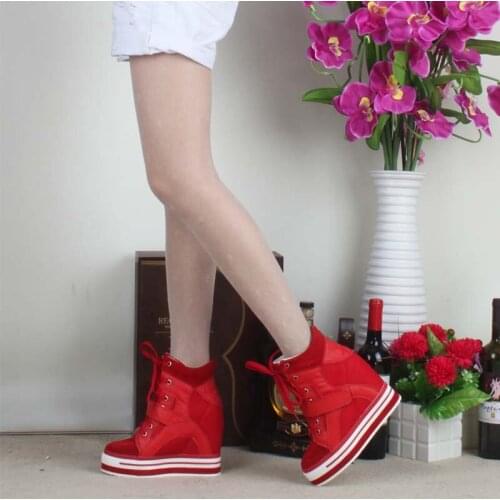 New 2017 wedges high top boots height increasing women lace up mesh breathable top quality platform hidden elevator casual shoes