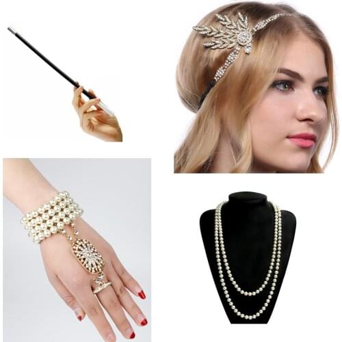1920s Charleston Party Flapper Girl Rhinestone Headband Pearl Necklace Bracelet Cigarette Holder Great Gatsby Accessories Set