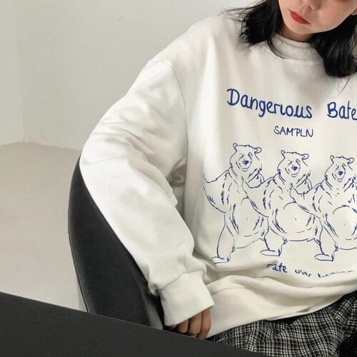 Vintage Aesthetic Autumn Streetwear Bear Print Sweatshirt Womens Oversized Hoodie O-neck Long sleeve Pullover Punk Gothic Coat