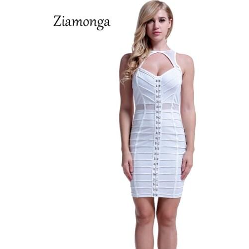 Ziamonga Women Black White Metal Pieces Club Cut Out Sexy Dresses Party Women Mesh Bandage Dress Female Night Club Bodycon Dress