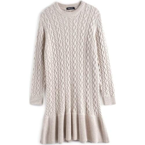 PERHAPS U Women Blue Apricot Wine Red Knitted Sweater O Neck Long Sleeve Ruffle Mini Dress Elegant Autumn D2169