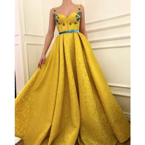 Yellow Lace Sweetheart Prom Dresses 2021 Spaghetti Straps Flowers Formal Evening Dress Robe De Soiree