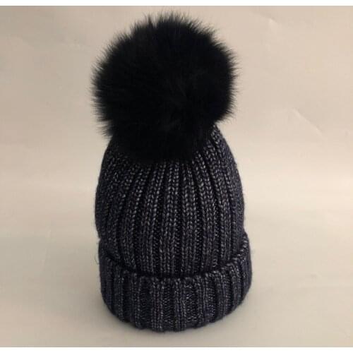 ZJBECHAHMU Fashion New Real Fox Fur Mink Pompoms Hats For Casual Winter Wool Warm Pompom Skullies Beanies Hat Caps For Women
