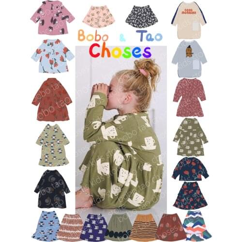 2021AW Original Label BOBO BC girls Birdie fleece skirt Fruits midi Shapes Striped Ovals Figures Cup Flowers buttoned dressss