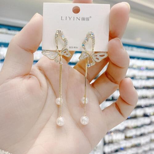 2021 NEW Ladies Long Tassel Earrings Korea Sweet Butterfly Rhinestone Earrings Elegant Pearl Pendant Removable Earrings Jewelry