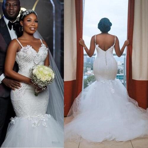 African Plus Size Wedding Dresses 2021 robe de mariee Mermaid Wedding Gowns Open Back Bead Lace Handmade Bridal Gowns 2021
