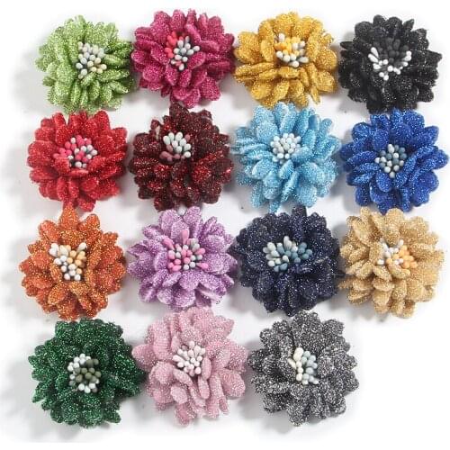 20Pcs 1.4" Hair Flower Glitter Hair Accessories for Baby Girls Headbands Fabric Flowers Boutique For DIY Supplies