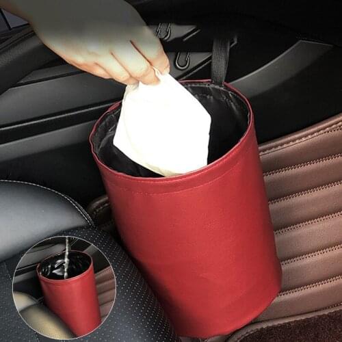 Car Trash Can Foldable Leather Leak Proof Waterproof Car Dust Bin Bucket Hanger Garbage Container Pocket Auto Clean Accessories
