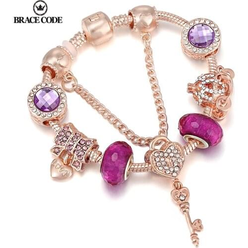 BRACE CODE New Rose Gold Heart Key Pendant Charm Bracelets For Women Original Girls Princess Crown Beaded Bracelet Wife Jewelry