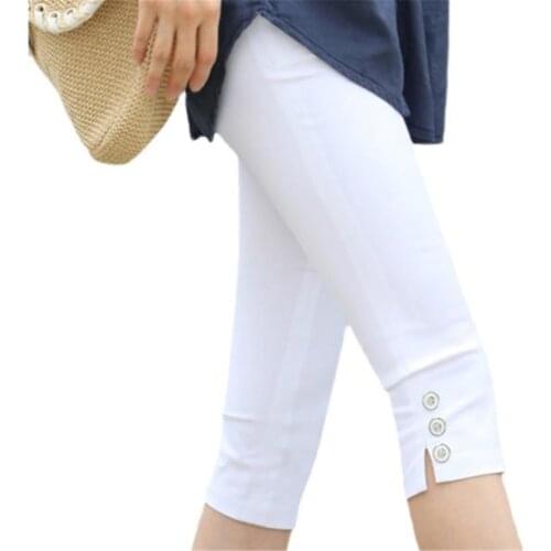 Oversize Elasticity Breeches Summer Capris Knee Length Pants Women Thin Breathable Trousrs Ladies High Waist Elastic Plus Size