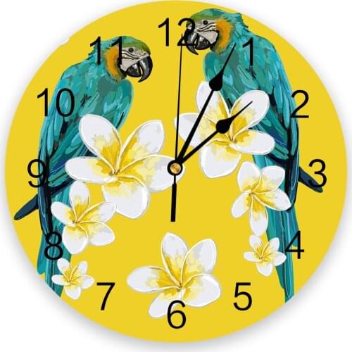 Green Parrot Watercolor Painting Flowers Plumeria New Wall Clock Fashion Living Room Watch Modern Home Decoration Round Clocks