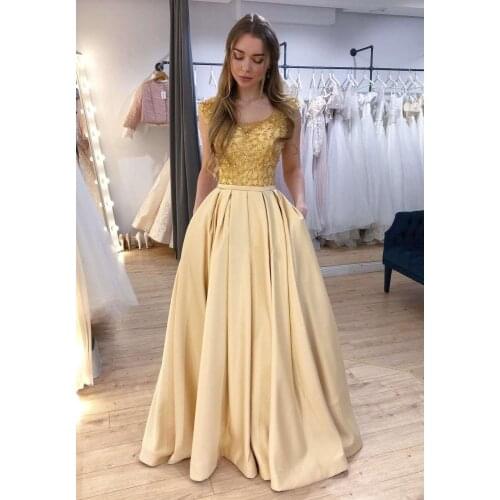 Long Satin Beaded Prom Dresses Scoop Neckline Sleeveless Formal Evening Party Ball Gown Robe De Soiree