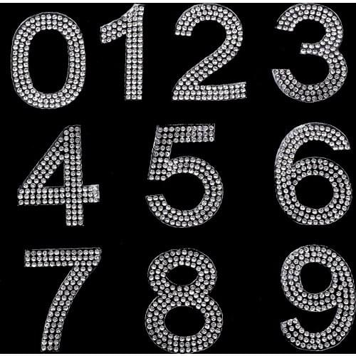 Iron On Patch for clothes white clear crystal rhinestone digital number 0-9 patches for clothing phone name birthday holiday