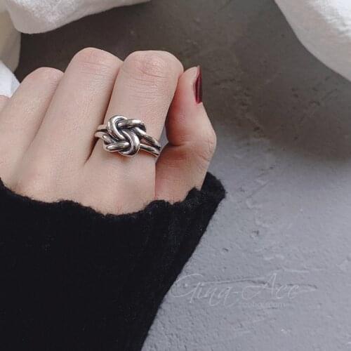 Retro Double Knotted Line Woven Big 925 Sterling Silver Adjustable Rings For Women Fashion Trendy Turkish Jewelry Gift