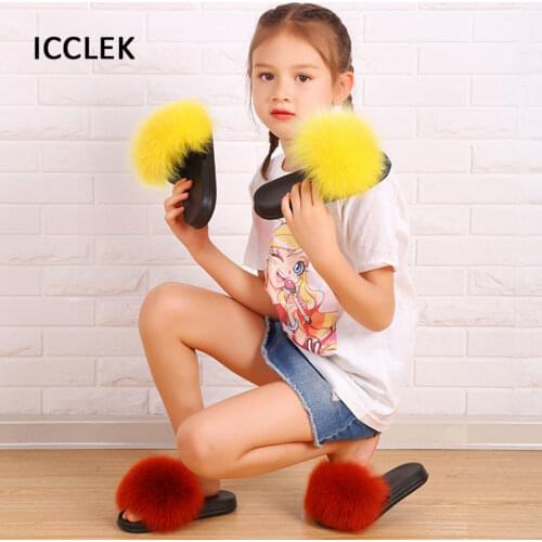 Summer Kids Slides Girls Cute Fluffy Plush Flip Flops Real Fur Slippers Child Furry Home Flat Shoes Indoor Luxury Hot Sale