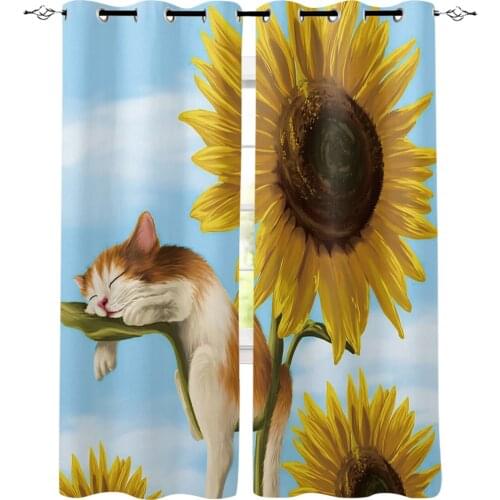 Spring Sunflower Flower Cat Printed Window Curtains Living Room Bedroom Curtains Polyester Cloth Home Decor