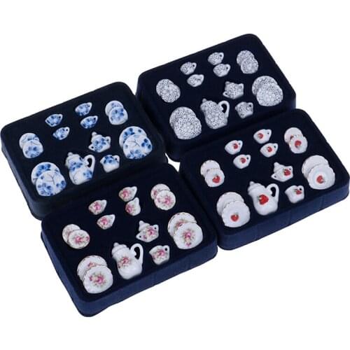 4 Patterns 15Pcs Porcelain Tea Cup Set Flower Tableware Kitchen Dollhouse Furniture Toys For Children 1:12 Miniature