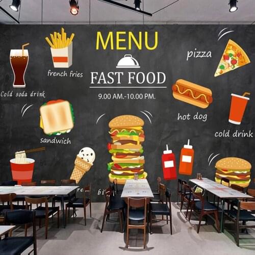Custom Mural Papel De Parede 3D Hamburger Pizza Hot Dog Cold Drink Fast Food Shop Restaurant Poster Decoration Photo Wallpaper