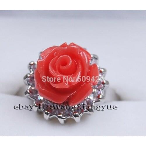 Charming!Fashion Hand Carved Pink Coral Flower Ring