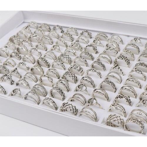 Wholesale 50pcs/lot Antique Silver Plated Vintage Hollow Metal Mix Style Jewelry Rings For Women