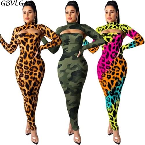 Autumn New 2020 Streetwear Bodycon Long Dress Leopard Grain Women Two Pieces Set Full Sleeve Fish Scale Hollow Out Sexy Top