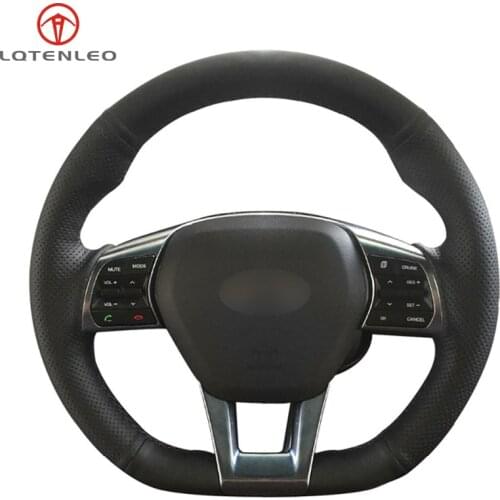 LQTENLEO Black Genuine Leather Hand Sew Car Steering Wheel Cover For Hyundai Sonata 9 2015 2016 2017 (3-Spoke)