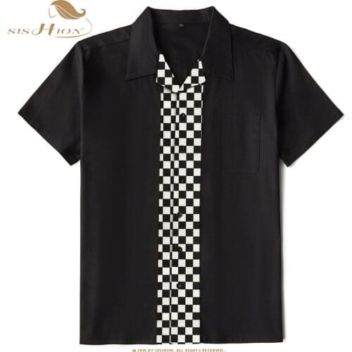 SISHION 2021 Summer Cotton Men Shirt ST125 50s 60s Bowling Vintage Rock Black Plaid Shirt Plus Size overhemden heren
