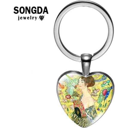 SONGDA Gustav Klimt NewThe Kiss Keychain Souvenir Key Ring Fashion Heart Art Pattern Glass Sruface Key Chains Best Jewelry Gifts