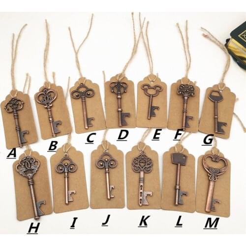 50Pcs/Lot 18 Styles Antique Bronze Skeleton Key Shape Bottle Opener Rustic Wedding Souvenir Decor Gift Party Favor Supplies